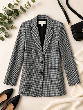 Rachel Zoe Black White Check Blazer Tailored Longline Jacket Size 6